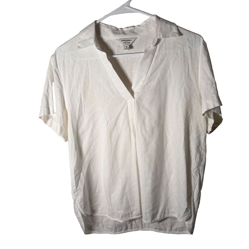 Banana Republic Blouse Women's Medium Cream V-Neck Short Sleeve Linen Blend